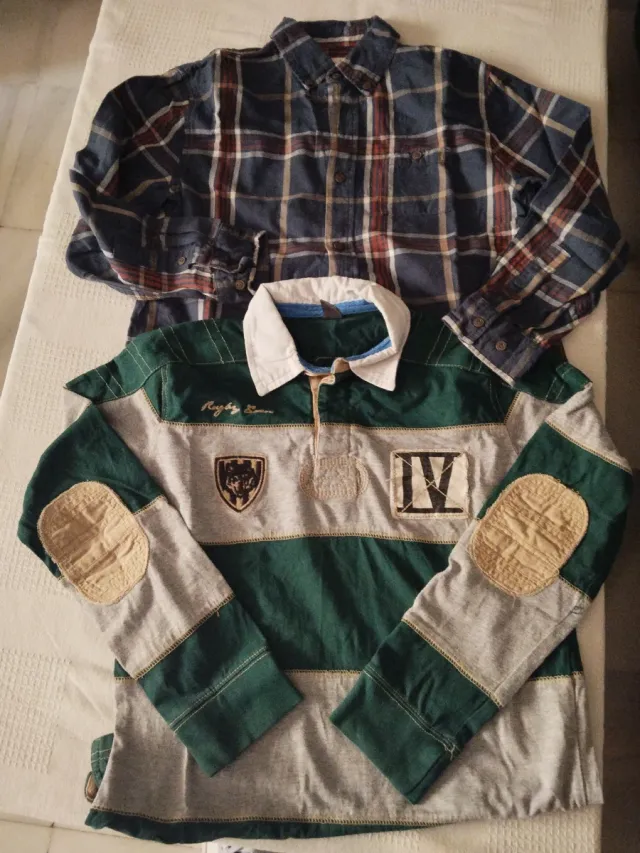 Camisa cuadros y polo rugby verde/gris Zara T 9/10