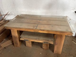 Mesa y mesilla artesanal madera con cristal