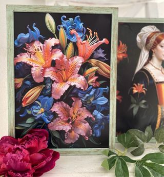 Lote cuadros verdes mujer de época entre lirios