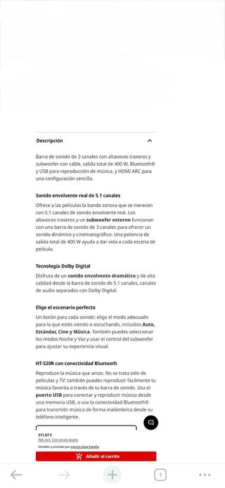 Sony Barra Sonido 5.1 Bluetooth Sony WS20R