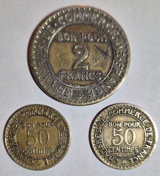 Francia, 2 Fr.+2 monete da 50 Cent.1923 in bronzo.