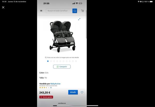 Silla gemelar gris capotas independientes.