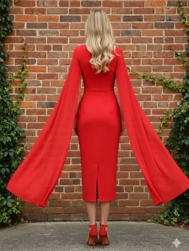 Vestido rojo de fiesta con capa