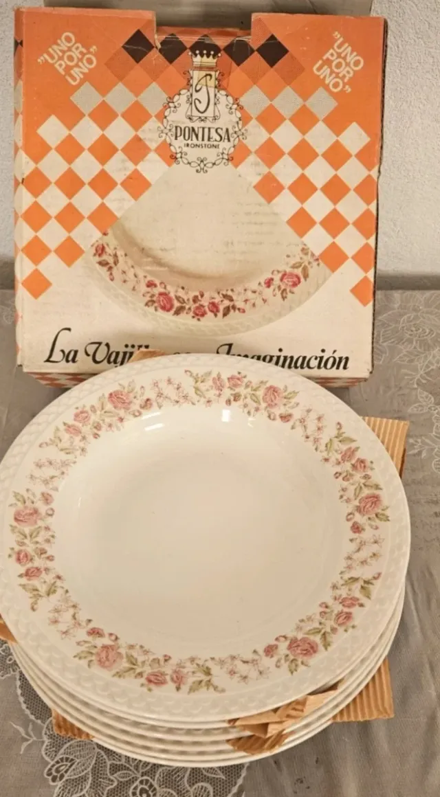 6 Platos Hondos Pontesa Porcelana Flores Rosas