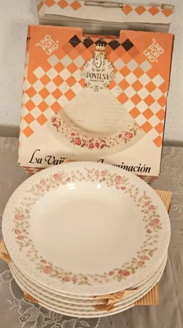 6 Platos Hondos Pontesa Porcelana Flores Rosas