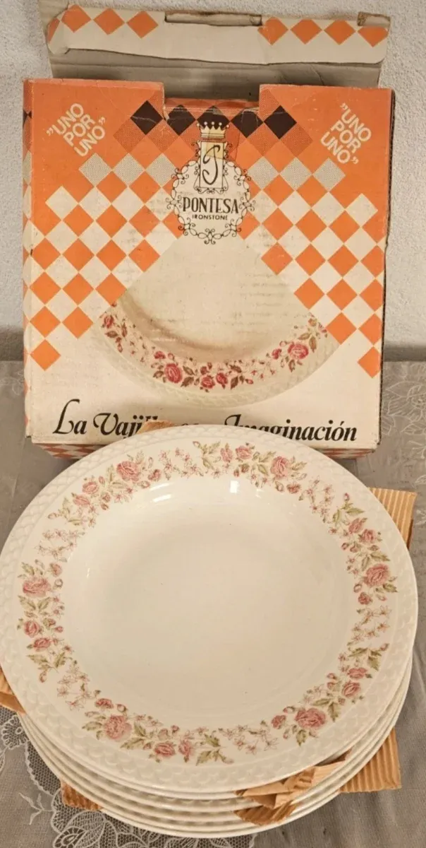 6 Platos Hondos Pontesa Porcelana Flores Rosas