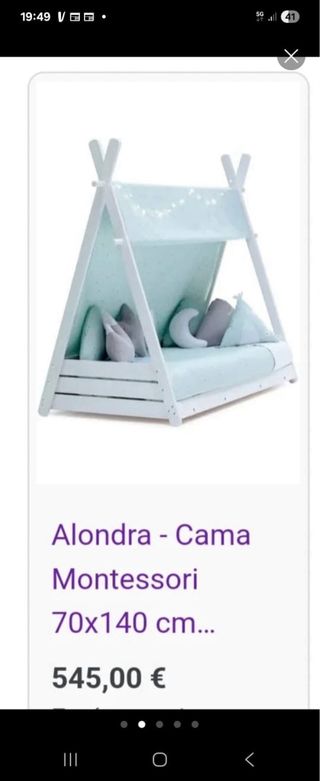 Cama infantil con dosel tipo tienda. Marca Alondra