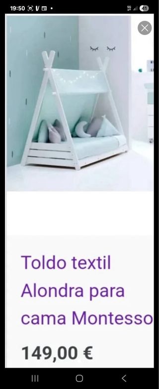Cama infantil con dosel tipo tienda. Marca Alondra