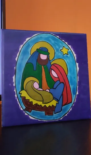 Dipinto a mano .Natale. Sacra Famiglia