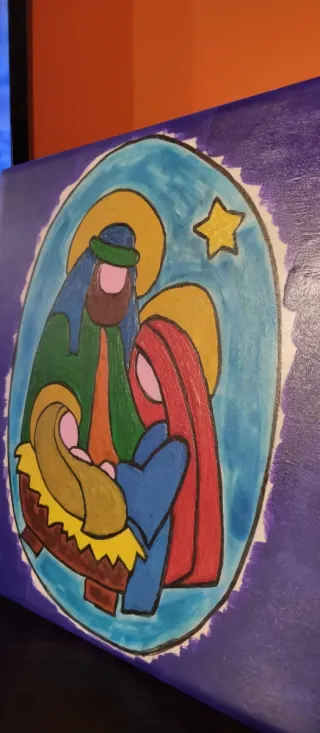 Dipinto a mano .Natale. Sacra Famiglia