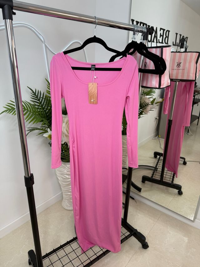 Vestido largo rosa manga larga