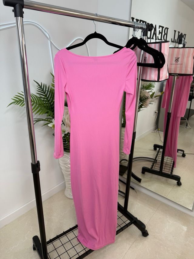 Vestido largo rosa manga larga