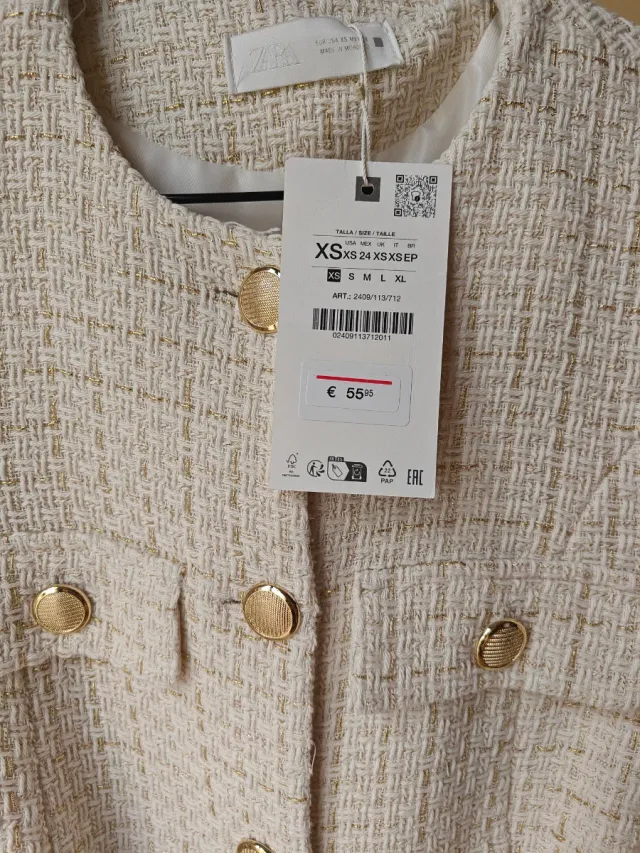 Blazer Zara Tweed Beige y Dorado Talla XS