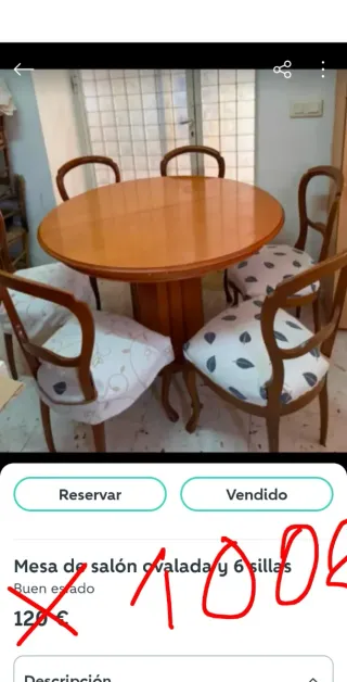 Mesa de salón ovalada y 6 sillas