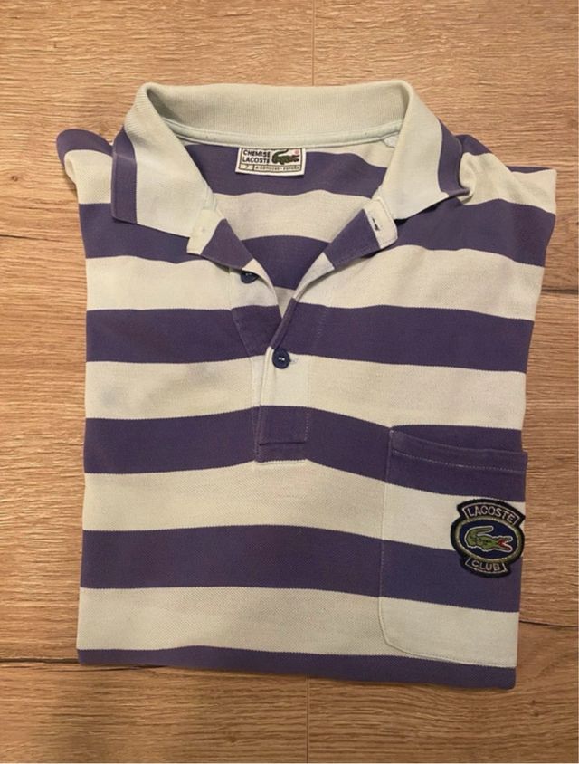 Polo Lacoste Rayas Morado y Blanco