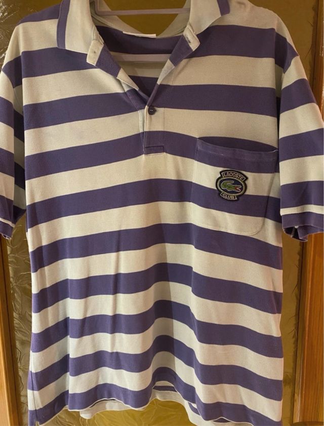Polo Lacoste Rayas Morado y Blanco