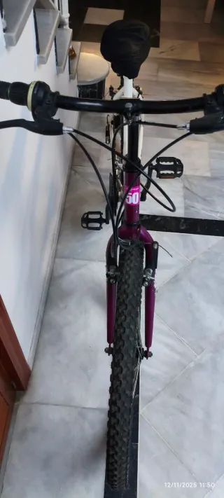 Bicicleta de mujer morada y blanca