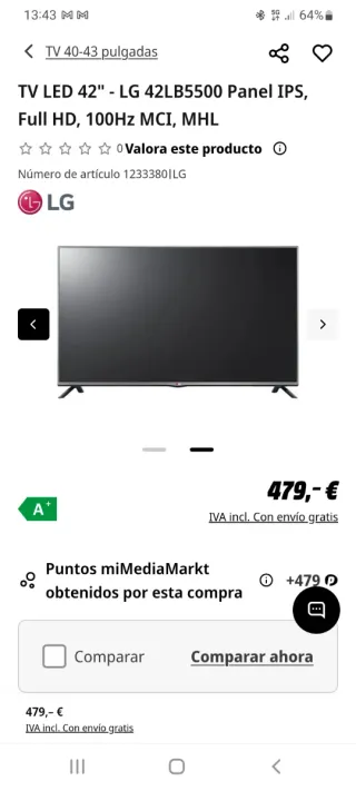 TV LG 42 pulgadas. Patas incluidas