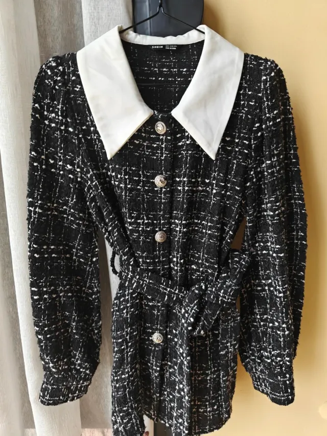 Abrigo Entretiempo Tweed SHEIN Negro Blanco
