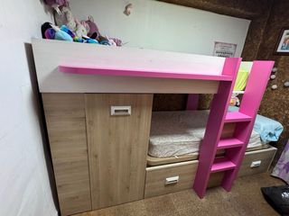 Litera tren infantil con armario y cajones