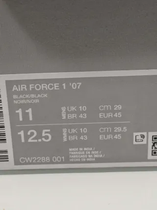 Zapatillas Nike Air Force 1 '07 Negras Talla 45