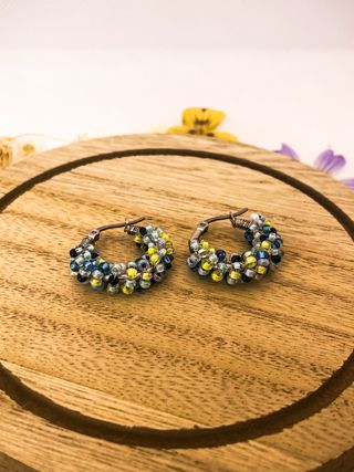 Pendientes Aro Abalorios Azul y Plateado