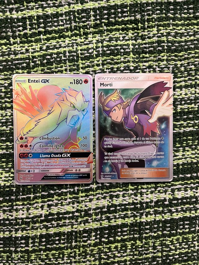 Cartas Pokémon Entei GX y Morti Rainbow