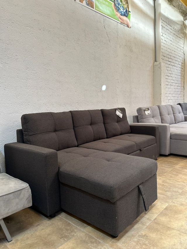 Sofá Cama Gris Oscuro Tela + Almacenamiento