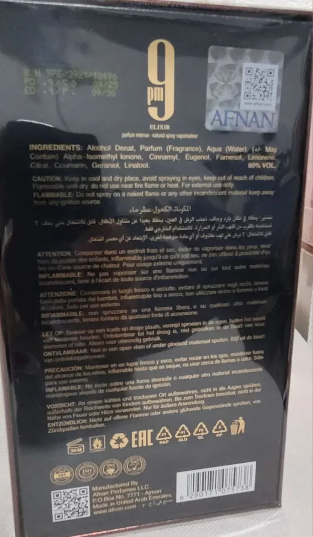 Afnan 9 PM Elixir Perfume Hombre 100ml
