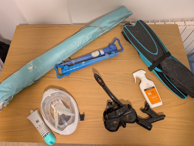 Sombrilla, snorkel, aletas y protector solar
