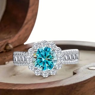 Anillo Plata 925 Moissanita Azul 2 Quilates