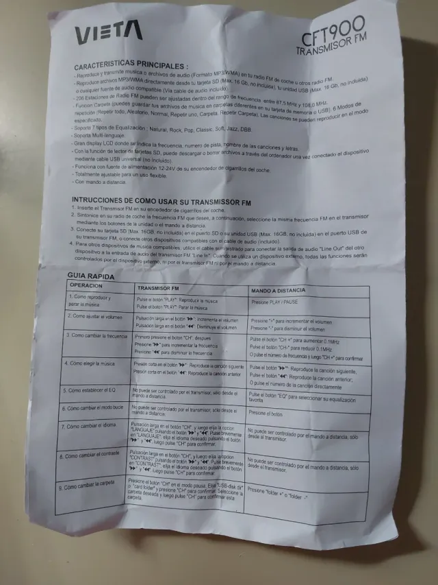 Transmisor FM Vieta con Mando y USB