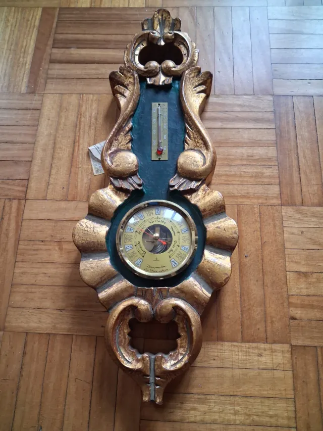 Termómetro y Barómetro Antiguo Dorado