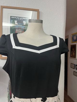 Vestido Años 50 Tul Flores Negro Beige