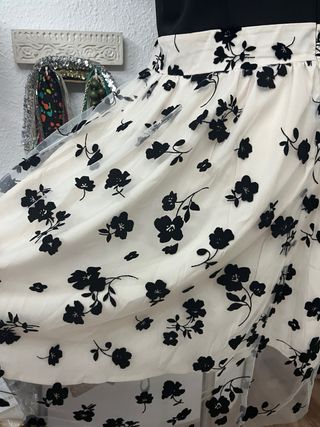 Vestido Años 50 Tul Flores Negro Beige