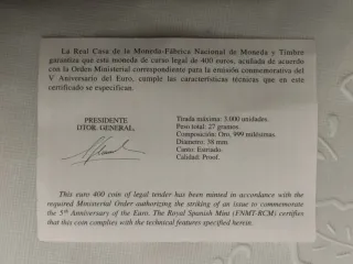 Moneda Oro 400 Euro Aniversario Euro