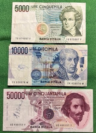 Lote 3 Banconote Italia: 5000, 10000, 50000 Lire