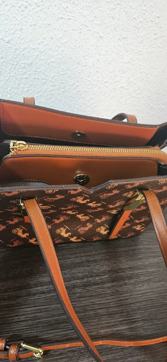 Bolso marrón con estampado de carruajes