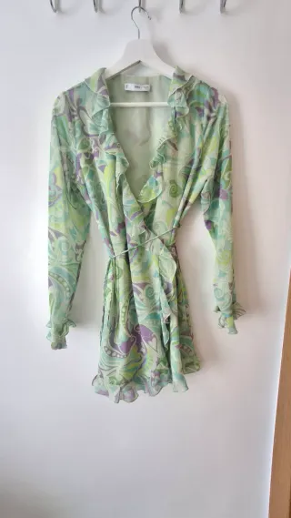 Vestido Mango estampado verde y morado Talla M