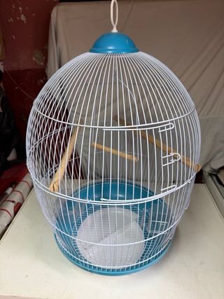 Jaula para pájaros blanca y azul