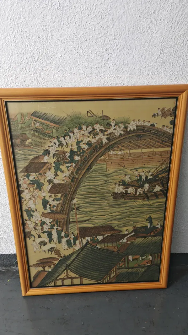 Cuadro antiguo puente y barcas