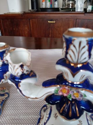 Candelabros Vintage Porcelana Azul y Oro