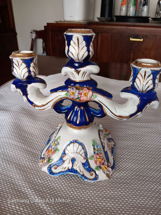 Candelabros Vintage Porcelana Azul y Oro