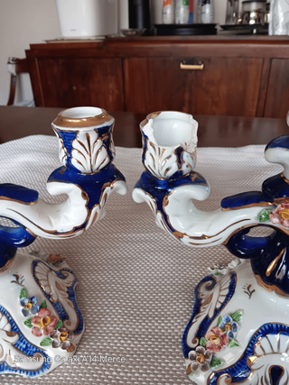 Candelabros Vintage Porcelana Azul y Oro