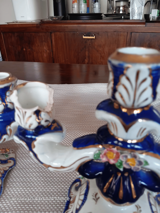 Candelabros Vintage Porcelana Azul y Oro