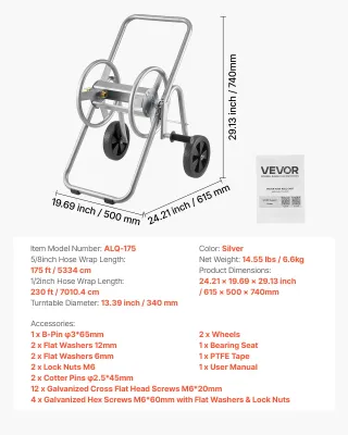 Carrello avvolgitubo 175 piedi di tubo da 5/8"