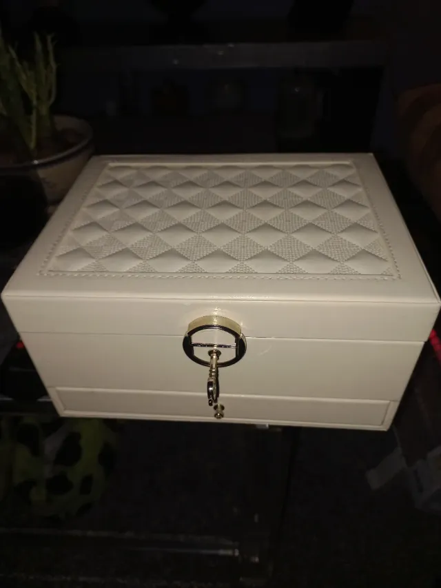 Joyero de piel beige y plata