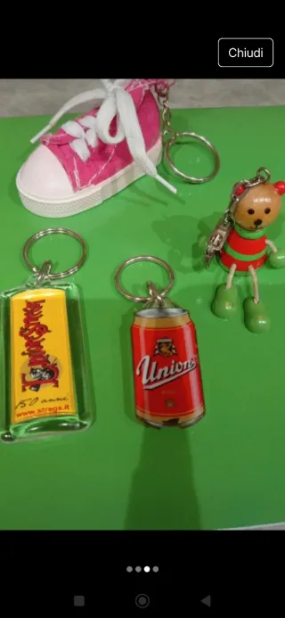 Set 4 portachiavi vintage: sneaker, lattina, orso