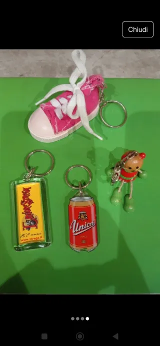 Set 4 portachiavi vintage: sneaker, lattina, orso