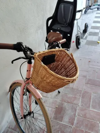 Bicicleta rosa con cesta y silla para niño